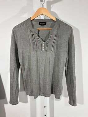 Eddie Bauer Silk Angora Rabbit Hair Knit Henley Sweater Gray Y2K Medium
